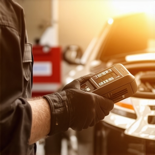 A mechanic testing a car's computer system using a diagnostic scanner tool