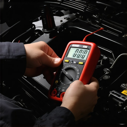 Professional Electrical Diagnostic Testing A mechanic testing a car starter with a multimeter to diagnose a grinding noise.