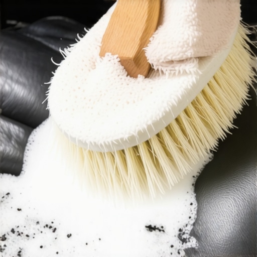 Professional Low-Moisture Leather Cleaning Technique Close-up of a horsehair brush and foam on a leather car seat during cleaning