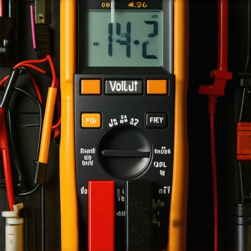 Close up of a digital multimeter testing the charging voltage of a car battery to prevent overcharging.