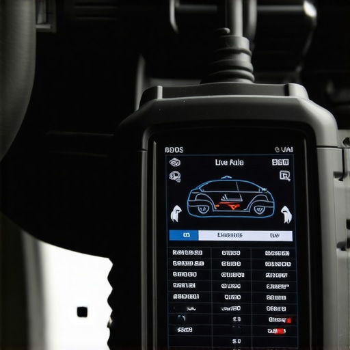 A high-quality bi-directional scan tool displaying real-time vehicle telemetry and engine codes inside a workshop.