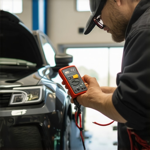 Professional Power Steering Pressure Diagnostic Mechanic testing power steering pressure with specialized tools and gauges.