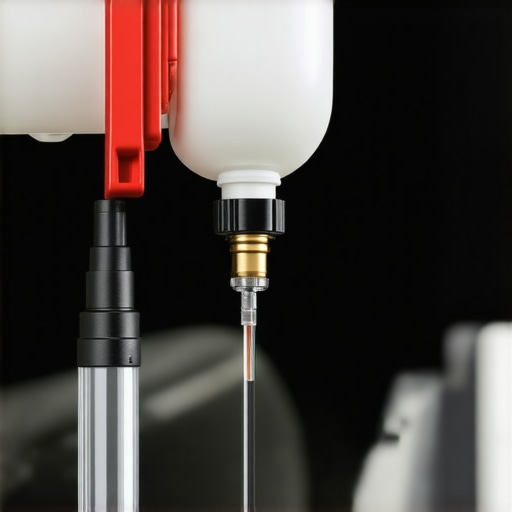 Professional Pressure Bleeding Technique A pressure bleeder tool attached to a car's brake fluid reservoir for a solo brake flush.
