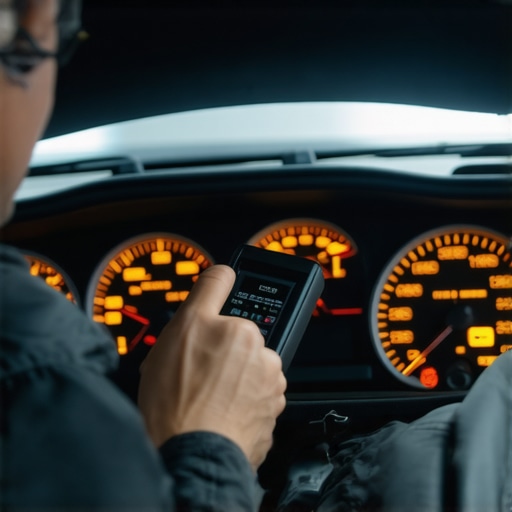 Technician checking transmission codes with an electronic scanner inside a vehicle