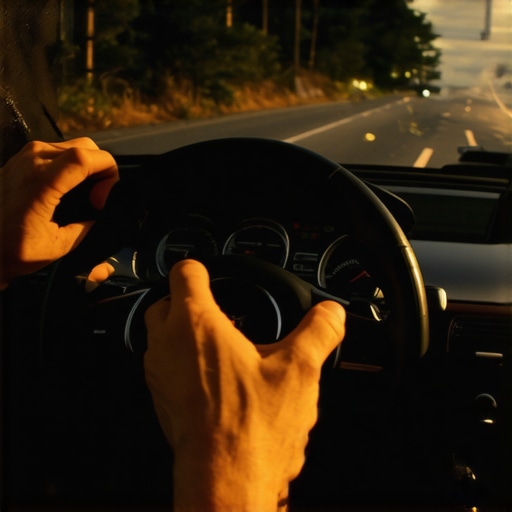 Proper Hand Positioning During a High-Speed Blowout Driver gripping steering wheel firmly during car emergency