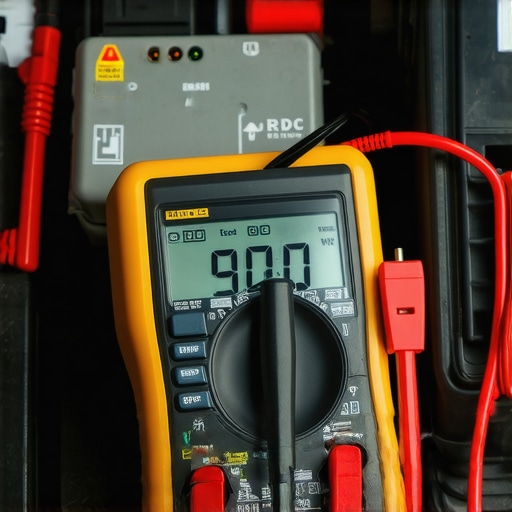 Setting Up the Multimeter for Amperage Testing A digital multimeter displayed on a car battery to check for parasitic drain.