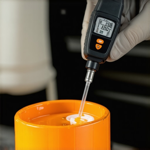 A digital pen tester measuring water percentage in a car brake fluid reservoir