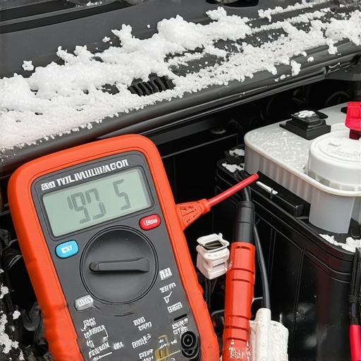 A digital multimeter testing a cold car battery in a frosty engine bay to prevent winter starting issues.