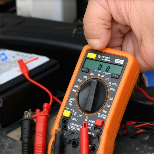 Hand using a digital multimeter to check car battery health in a garage