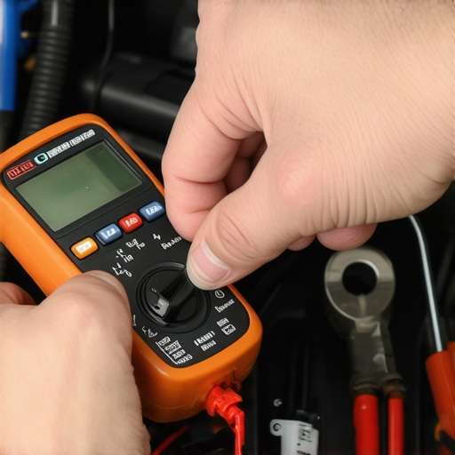 Mechanic testing shift lock solenoid electrical signals with a digital multimeter
