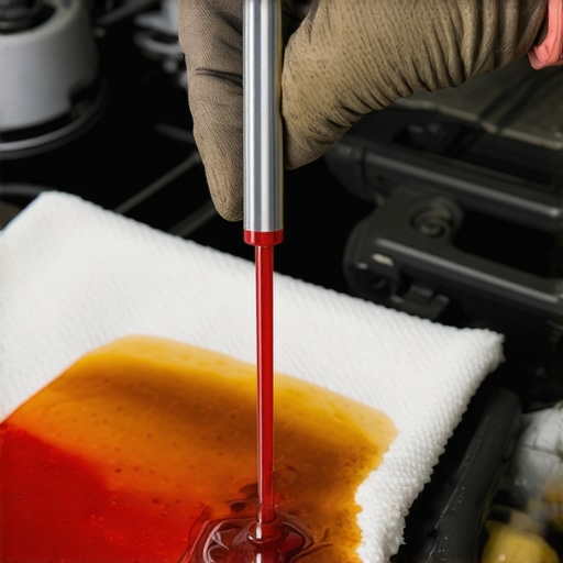 Mechanic comparing clean red transmission fluid with dark burnt fluid on a cloth
