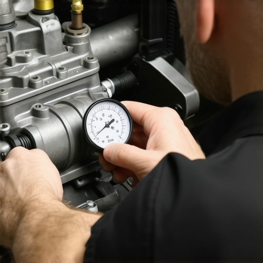 A mechanic measuring hydraulic fluid pressure on a car transmission to diagnose shifting hesitation.