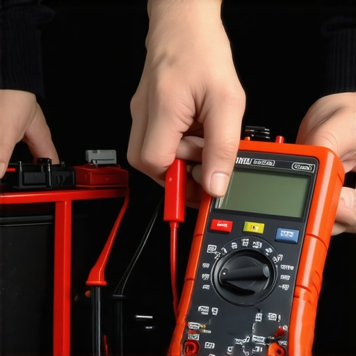 Digital multimeter connected in series to a car battery negative terminal to measure parasitic electrical current draw.