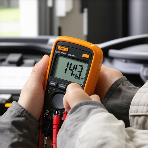 A digital multimeter being used to diagnose electrical load issues on a car battery during an alternator test.