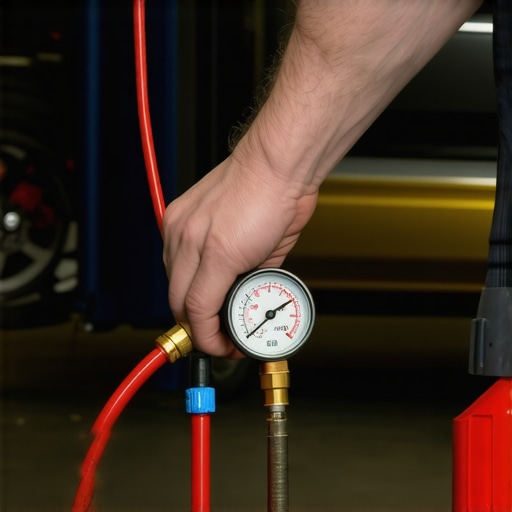 A hand-pump pressure tester connected to a vehicle's coolant reservoir to locate leaks.