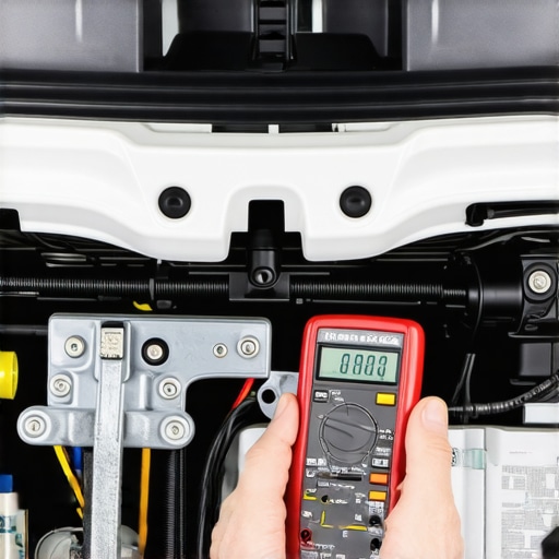 A mechanic testing the electrical contacts of a car trunk latch actuator using a digital multimeter.
