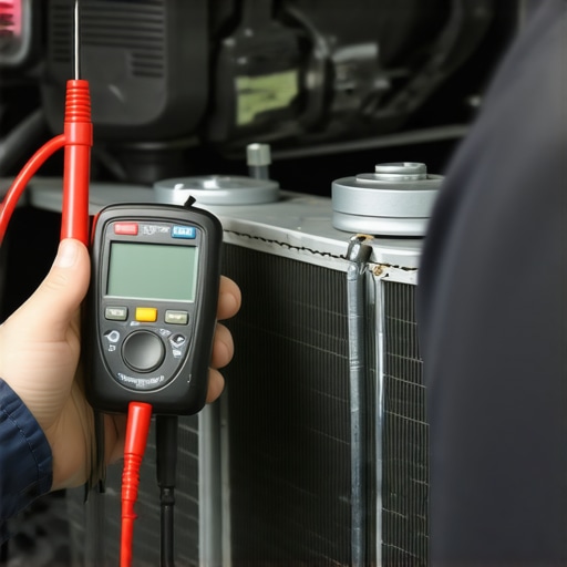 A technician checking the electrical voltage of car coolant to test for acidity