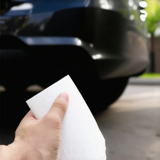 A car owner performing a paper towel test on a vehicle exhaust tailpipe to check for coolant leaks.