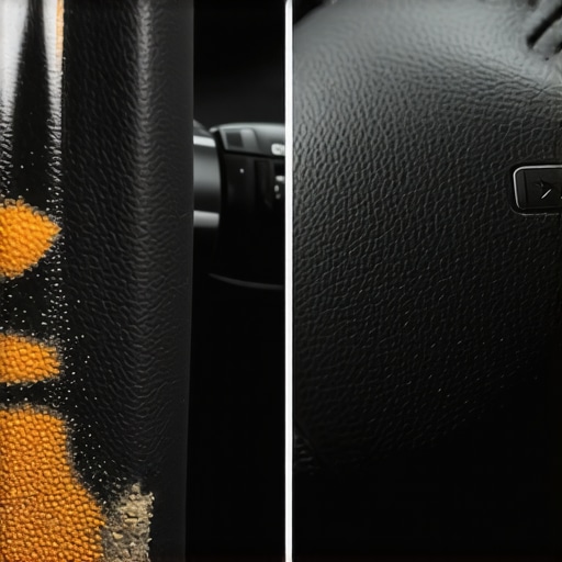 The damage caused by abrasive cleaning sponges on car leather Close-up of a damaged leather steering wheel showing a stripped topcoat.