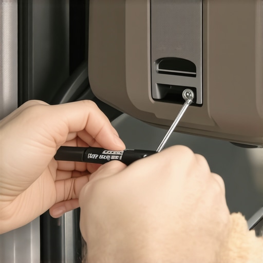 Hands tightening the mounting screws of a sagging car sun visor with a screwdriver