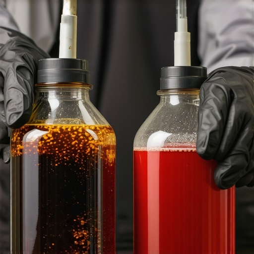 Visual comparison between old burnt transmission fluid and fresh clean transmission fluid.