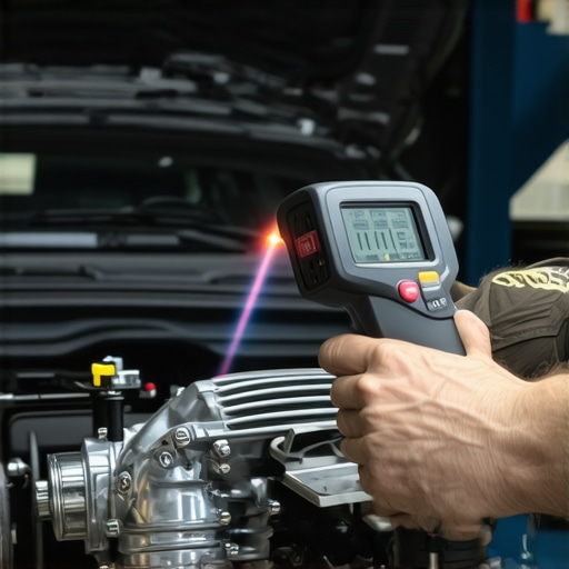 Using Infrared Thermometer on Engine Thermostat Infrared laser thermometer checking engine cooling system temperature
