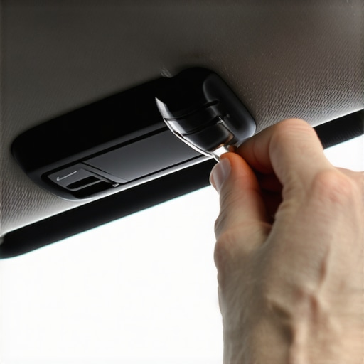 A plastic pry tool removing a sun visor mounting cap to prevent damage during auto repair