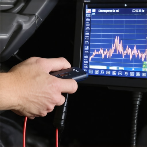 Mechanic diagnosing transmission solenoid pressure with an OBD scanner