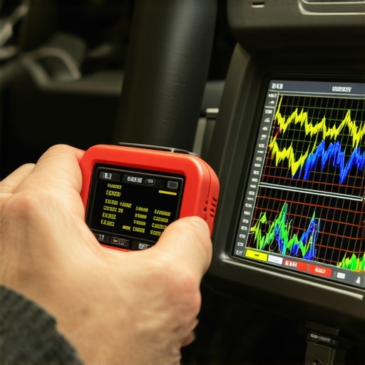A technician testing car electronics using a handheld OBD2 diagnostic scanner showing real-time engine telemetry.