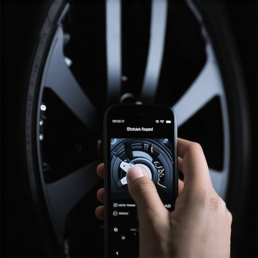 Mechanic using a phone camera to check brake pad wear through wheel spokes