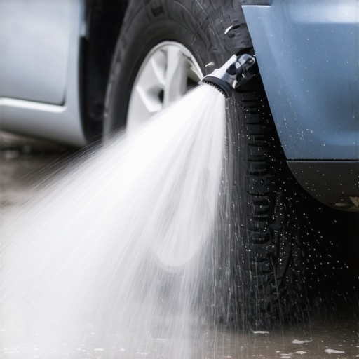 An oscillating lawn sprinkler spraying water into the bottom of a vehicle to remove winter salt and prevent rust.
