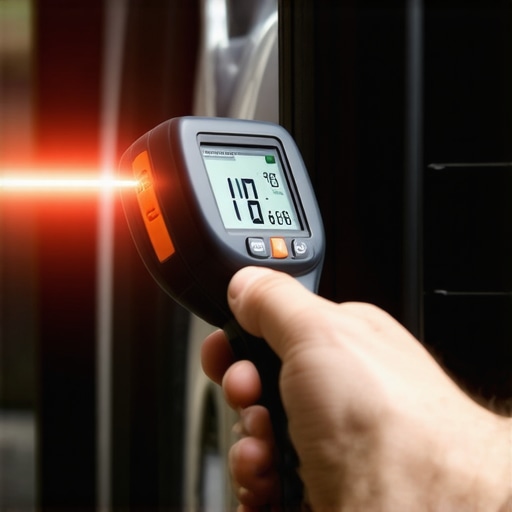Using an Infrared Thermometer for Car Diagnostics A person using an infrared thermometer to check the temperature of a car brake rotor for potential sticking issues.