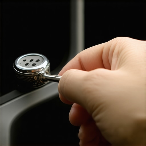 A hand using a screwdriver to open the shift lock override slot next to a car gear shifter